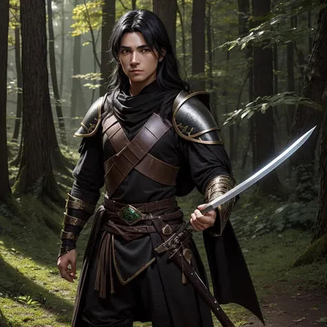 I want to create a fantasy RPG style character of a ranger who has black hair and light brown eyes wearing plate armor made of small leaves of mental and dark green leather decorated with black stones in his hand is a bow made of black oak and at his waist...