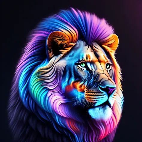 intricate and colorful, (digital painting:1.2) lion's head, bright neon fur, portrait, concept art, octane render, trending on a...