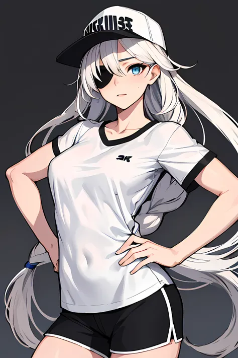 (absurdres, 8k, 4k, masterpiece, hyper extreme detailed:1.2), solo, 1girl, portrait, best quality, expressive eyes, perfect face, portrait, looking at viewer, solo, standing, casual wear, toned, white haired, eye patch, braided hair, long hair, medium brea...