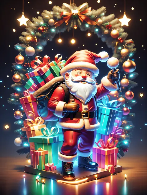 1 transparent glowing mechanical santa claus，(holding cg game gun iconssw)，carrying a rucksack，futuristic santa clauechanical un...