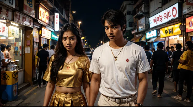 Korean Girl in Tamil Nadu traditional outfit with indian Boy at night in cyberpunk city