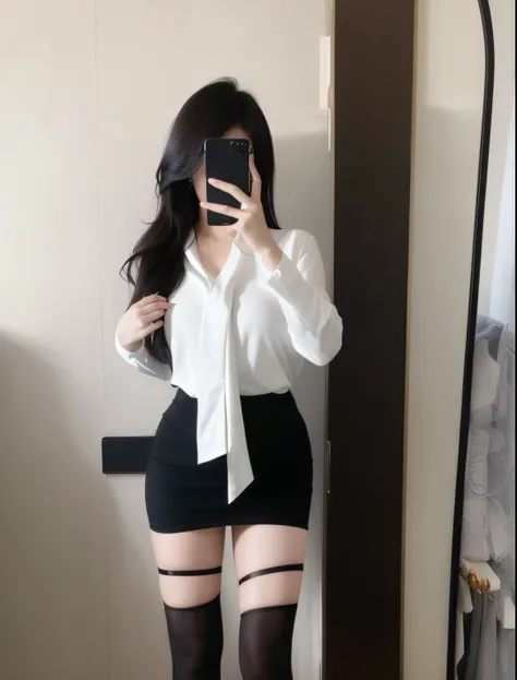 There is a woman looking in the mirror, Sleek white skintight suit, tiedshirt, white  shirt, Wear tight clothing, White and black clothes, sexy style, Thin waist and thick hips, white and black, thick bow, Full body photo, fine white shirt, V-chest clothes...