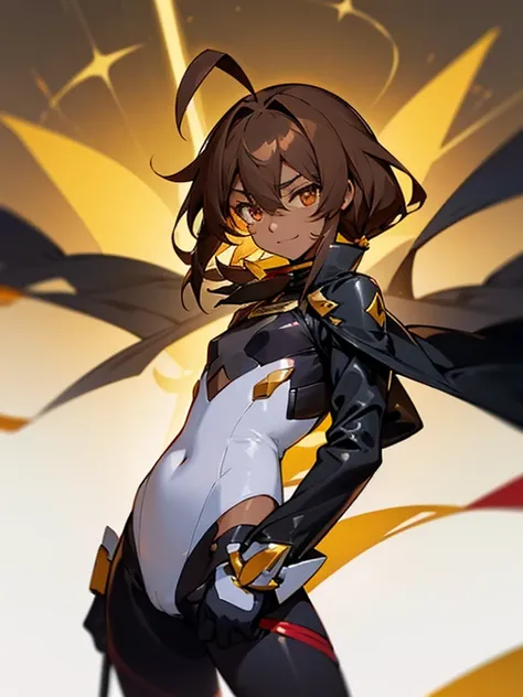 (((Dark skin))), (otokonoko), 1 male, cute, young, (beautiful boy) (medium dark brown hair with ahoge)), hazel eye colour, flat chested) wearinagical Girl Lyrical Nanoha StrikerS: Vivio Takamachi long black barrier jacket black armoured bodysuit outfit bla...