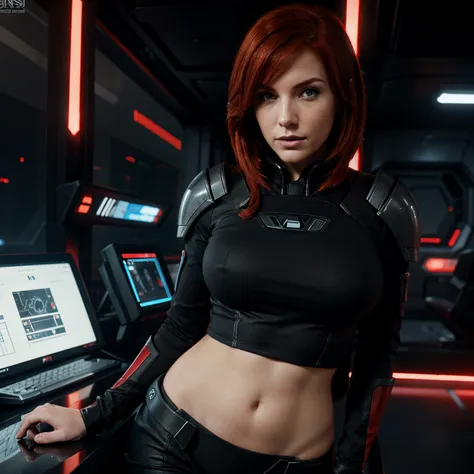 Red head femshep, mass effect, sexy pose, scifi background