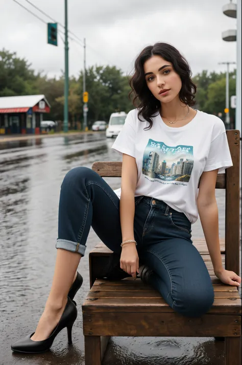 ((Best Quality, 8K, Masterpiece:1.3)), focus: 1.2, perfect body beauty: 1.4, Arab 27 years old: 1.2, ((black short curly hair)), Basic Regular Fit Crew Neck T-Shirt:1.1), no print on T-shirt, Basic T-shirt with a regular fit and full body length, Blue cut ...