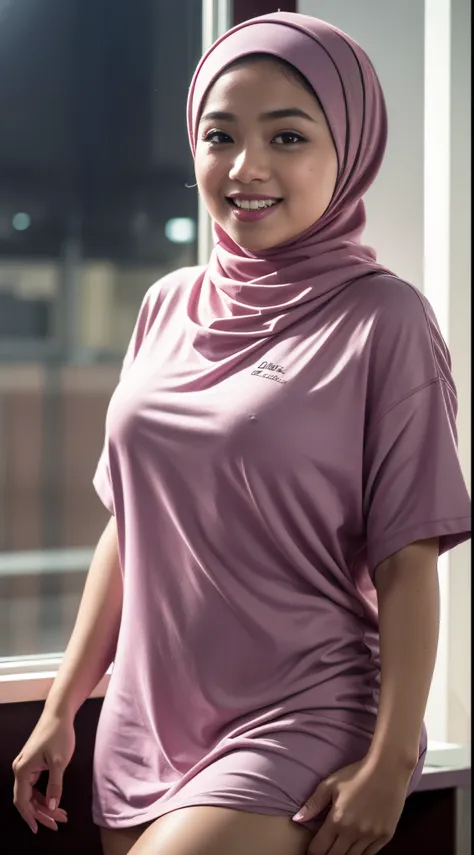 Malay girl in hijab wear oversized Tshirt, pastel color, seating in university classroom, front view, big smile, detail skin, detail skin texture, mole below eyes, big front teeth, small breast, wide hip, wide waist, thick thigh, beer belly, beautiful , ev...