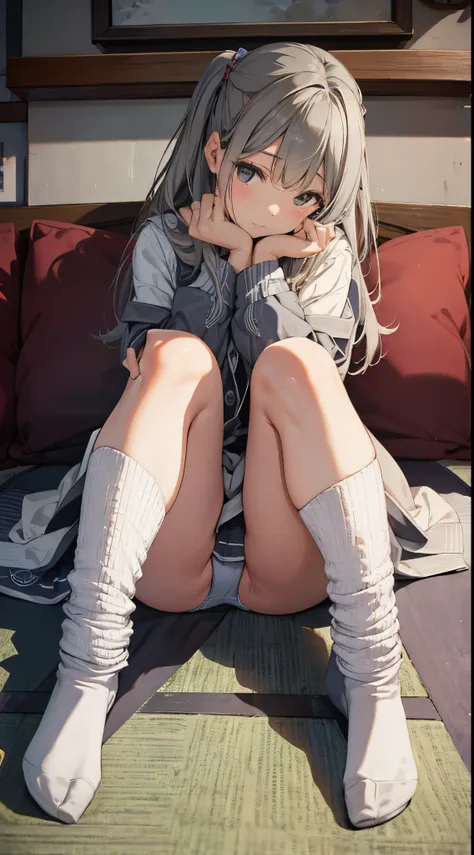 Masterpiece quality high resolution、Anna Tanaka , Long gray hair, sitting down，knee bend、seaside，Eight-headed body、pretty legs、as if looking from below、mortified，