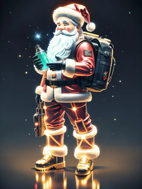 1 transparent glowing mechanical santa claus，(holding cg game gun iconssw)，carrying a rucksack，futuristic santa clauechanical un...