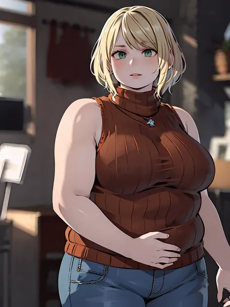 masterpiece , 4K, high quality, perfect anatomy, perfect eyes, very chubby 1girl, blurry, photo_(medium), realistic, short_hair, sleeveless, solo, looking_at_viewer, very chubby body, blonde_hair, shirt, bare_shoulders, jewelry, light green eyes, full_body...