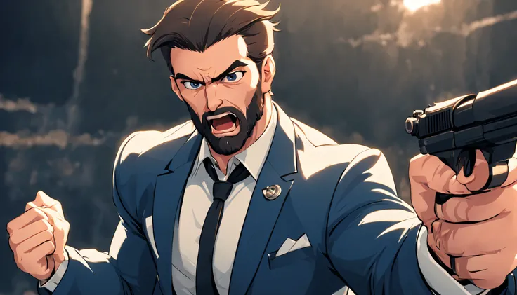 A  young student named ((((argo)))) ((athletic)),muscular, with brown beard and slicked back hair, (intense, piercing) angry eyes, (strong, masculine), blue suit, thick neck ((cartoon)) 
is shooting a rifle and screaming