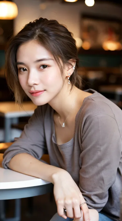 Best Quality, masutepiece, 超A high resolution,(Photorealistic:1.4), (Raw photo:1.2), (sit a chair:1.2), (detailed buttocks:1.1), In the restaurant,half_Smile, Detailed eyes, (Looking at Viewer:1.2), (gray casual clothes), (casual pants:1.2), (Beautiful fac...