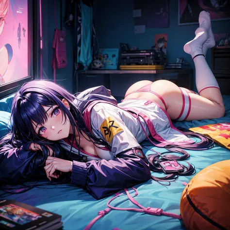 Arapei girl lying on bed with colorful background。Cyberpunk anime girl  Guwiz style artwork，Artist Lu Dongjun，Created by Yang J，Ross Trunk 8K，Guvitz at the Pisif Art Station。Sakimican Frank Franzeta assists in creative conception。Anime girls wear hooded sh...