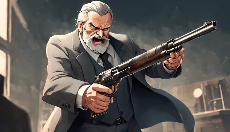 A mafia boss called ((((Azok)))) ,old, strong, bearded, grey suit, detailed face, gray hair and beard, intense gaze, commanding presence, wise expression, wrinkled skin, textured aging, confident posture, firm stance ((cartoon)) is shooting a rifle and scr...