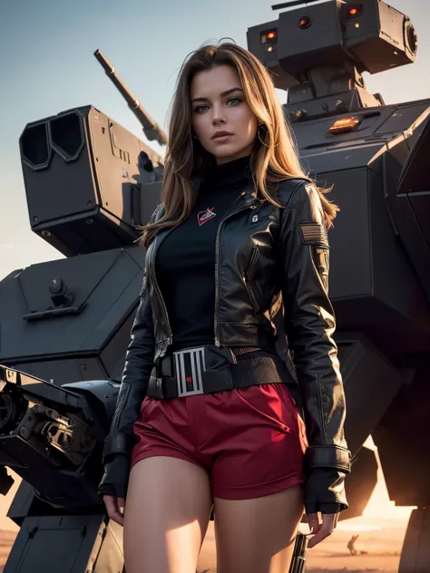 (Ultra high-definition imageidelity :1.2),Realistic,High quality,Movie Light,  full body, 1 gorgeous european woman, (stands in front of a giant war robot:1.3)，she wears red shorts and black jacket, flirts with camera