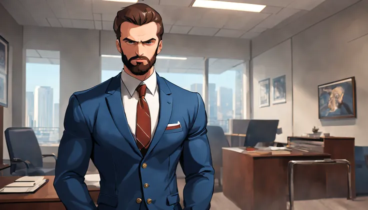 A  young student named ((((argo)))) ((athletic)),muscular, with brown beard and slicked back hair, (intense, piercing) angry eyes, (strong, masculine), blue suit, thick neck ((cartoon)) 
is standing in a expensive office