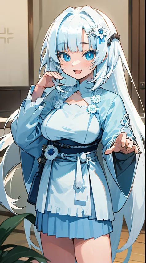 a 18 year old girl、独奏、White hair、Long hair、round and blue eyes、attractive girl、Bigchest、Soft bangs、White and blue tones、Cheerful smile、Laugh、Residential Indoor in Japan、is standing