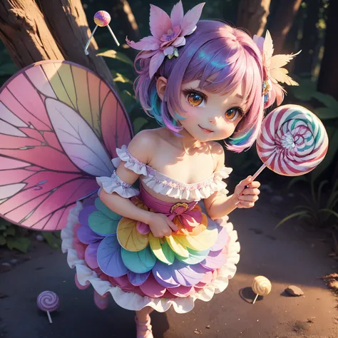 ​masterpiece、top-quality、ultra-detailliert、(Chibi Chara Fairy:1.27),(rainbow gradient feathers:1.2),(In her hands she holds a bouquet of lollipop candies:1.32),The background is a fairytale forest,A smile,Full-body standing figure,