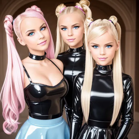 ((best quality)), ((Meisterwerk)), (Detailliert), Perfektes Gesicht, Gorgeous twin girls, blondes Haar, Space Buns, pink Latexbluse, Latex blouse buttoned up, Latex Bluse detailliert, shiny light blue latex skirt, shiny pink latex stockings, Red Shiny Lacq...