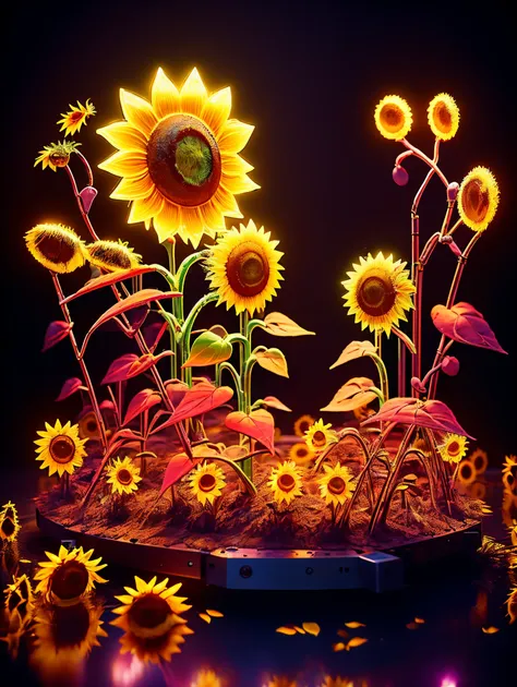 (((1 transparent luminous sunflower made of mechanical metal, metal petals, mechanical stamens, metal branches and leaves)))，8k，...