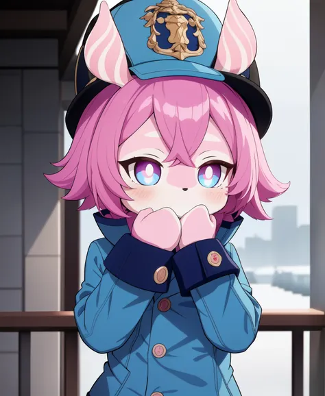 1girl,  mlsn, pink fur, bob cut,pink hair, blue eyes, hat, coat, hands on own cheeks, upper body,