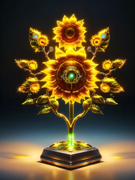 (((1 transparent luminous sunflower made of mechanical metal, metal petals, mechanical stamens, metal branches and leaves)))，8k，...