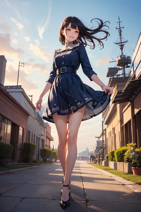 very cute and beautiful girl,(highly detailed beautiful face and eyes:1.2),smile,(cowboy shot),
navy blue frilled dress,walking,dynamic pose,(detailed legs,mini skirt:0.9),
dynamic angle,black hair,(rose garden),navy harbor,warships in distance,
(best qual...