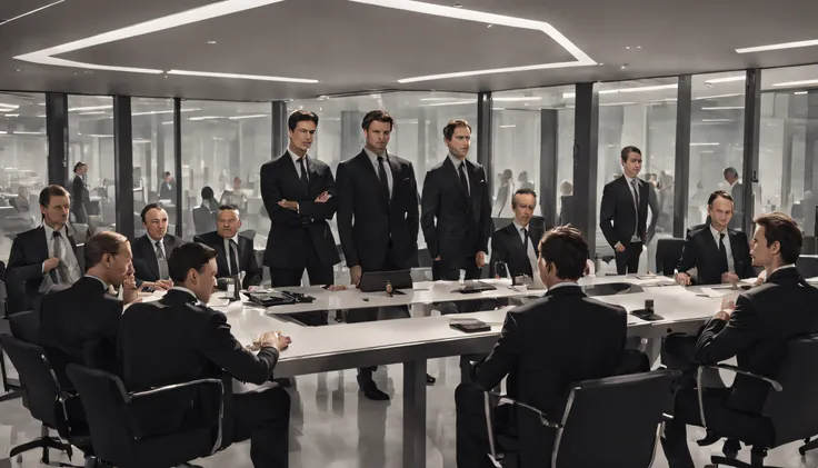 A fancy office with a big table in the middle and many men in black suit are sitting around it , facing the camera