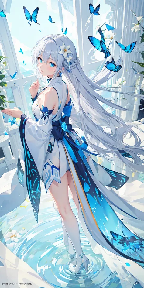 (Overhead view),dynamic angle,ultra-detailed, illustration, close-up, straight on, 1girl, (fantasy:1.4), (azure blue eyes:1.233),Her eyes shone like dreamy stars,(glowing eyes:1.233),(beautiful and detailed eyes:1.1),(Silver hair:1.14),(messy hair,very lon...