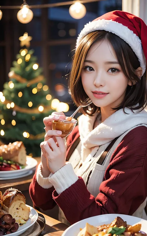 Female college student wearing cute winter clothes、Shortcut Hair、Enjoy a delicious dinner on a warm Christmas evening。Around her、Dining table glittering with Christmas decorations.、Creates a warm atmosphere。Smiling college girl、Holding a fork、Depicts peopl...