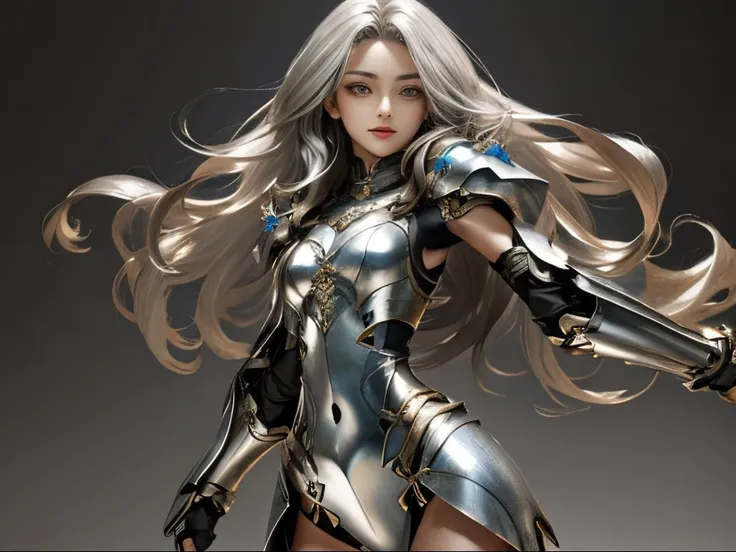 woman with long curly silver hair、Beautuful Women、Super small breasts、Super slender body、Brace yourself to start running、wearing white metal armor、