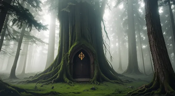 Door in a giant tree (Opening to a charming and bright world). Forest of majestic trees, colossal roots, Surrounded by fog, woods, overgrown with moss and giant and twisting trees, Gloomy and disturbing. Misty Wood, Trees with a mystical aura, Sun light, s...