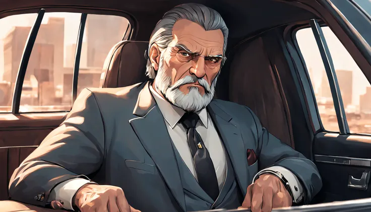 a mafia boss called ((((azok)))) ,old, strong, bearded, grey suit, detailed face, gray hair and beard, intense gaze, commanding ...