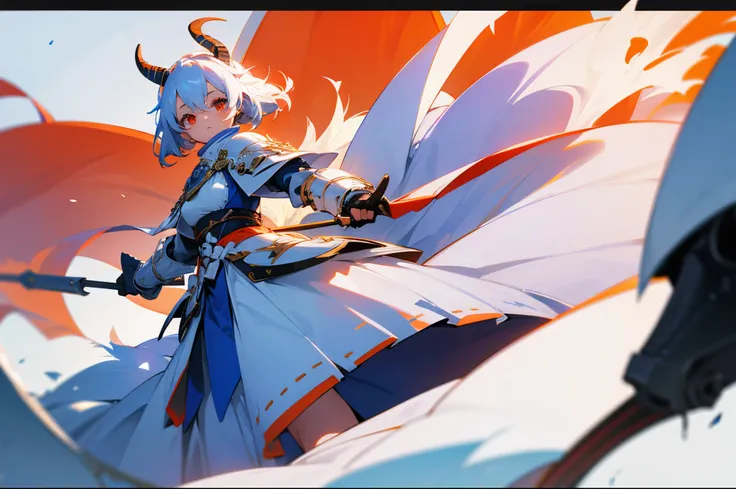 Teenage girl，white color hair，Unbelievable - white armor，Blue hair ring，orange-tinted eyewear，red color eyes，goat horn，Unbelievable，long  skirt，raging fire