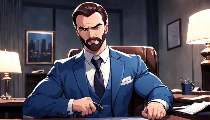 A young student named ((((argo)))) ((athletic)),muscular, with brown beard and slicked back hair, (intense, piercing) angry eyes, (strong, masculine), blue suit, thick neck ((cartoon)) is in a expensive elegant office at night shooting a gun and screaming