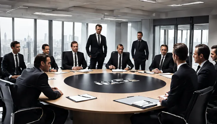 A fancy office with a big table in the middle and many men in black suit are sitting around it , facing the camera