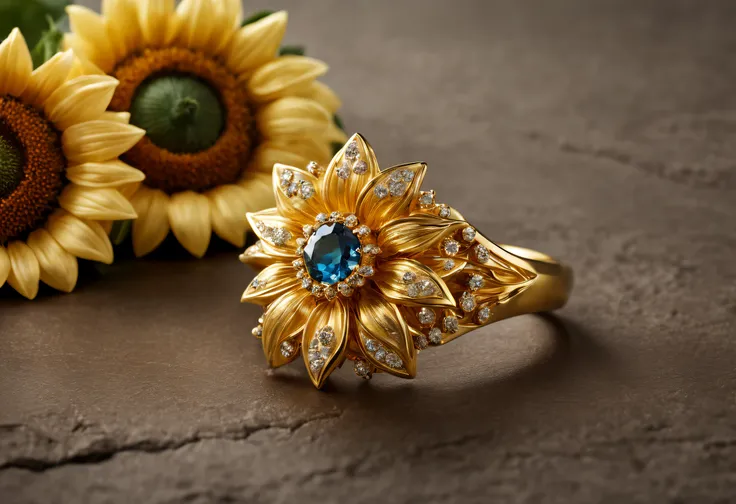 (best quality,ultra-detailed,photorealistic:1.37),gold,jewelry,sunflower ring,detailed engraving,sparkling diamonds,delicate petals,shiny,reflection,beauty,unique,handcrafted,exquisite design,vibrant colors,precious gemstones,elegant,luxurious,fine craftsm...