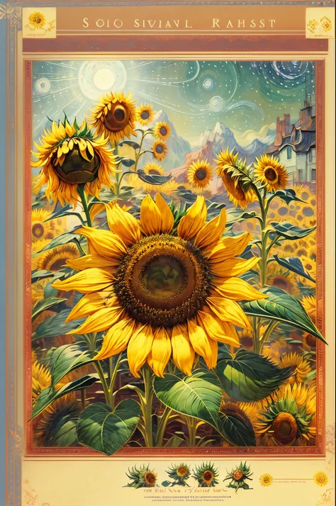 (tmasterpiece),（ultra - detailed：1.3），Best quality at best，（Sparkling:1.2），（dream garden:1.4），(Van Gogh style sunflowers: 1.5),（beautiful flowers in sunshine，Irridescent color，kawaii，cute big breasts, lovely stamens)), Illustration style, and decorations, ...