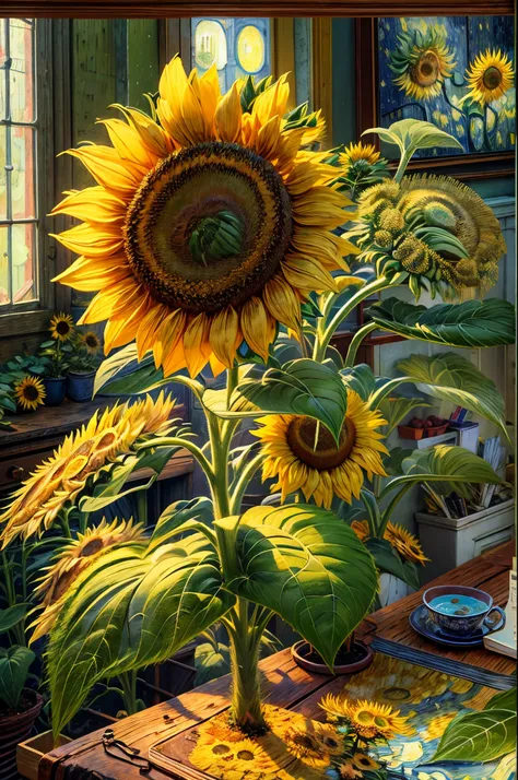 (tmasterpiece),（ultra - detailed：1.3），Best quality at best，（Sparkling:1.2），（dream garden:1.4），(Van Gogh style sunflowers: 1.5),（beautiful flowers in sunshine，Irridescent color，kawaii，cute big breasts, lovely stamens)), Illustration style, and decorations, ...