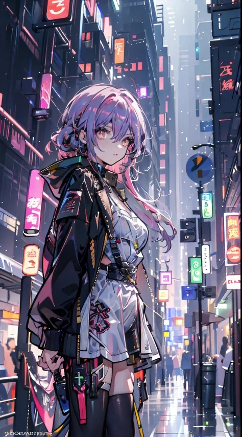 glowing eyes, colourful glowing hair, wearing sci-fi jacket, anime style, high detail, futurism, glowing light, uhd, retina, mas...