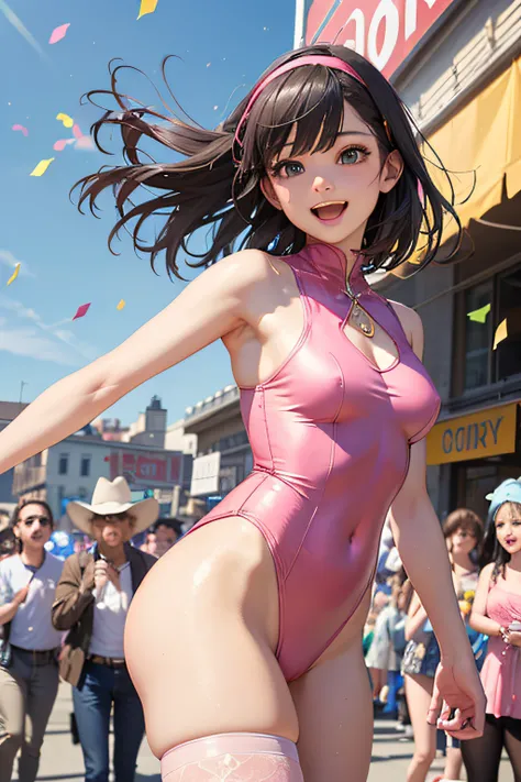 Very cute and beautiful girl,(very detailed beautiful face and eyes:1.2),(Pink leotard:1.2),(Sleeveless),(Laugh),
city street festival,(parade:1.2),(Many people wearing pastel colored costumes),a flag,empty confetti,Outdoors,depth of fields,
(Cowboy Shot),...