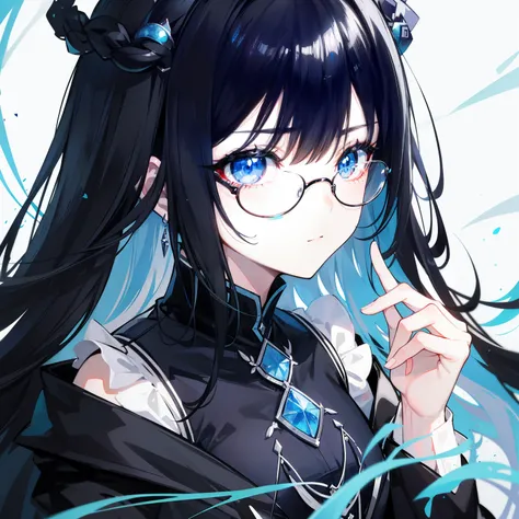 With black hair and glasses，Powder Blue Pupils，Black and white clothes，Background interwoven with vermilion threads，It is a very deceitful royal sister goddess