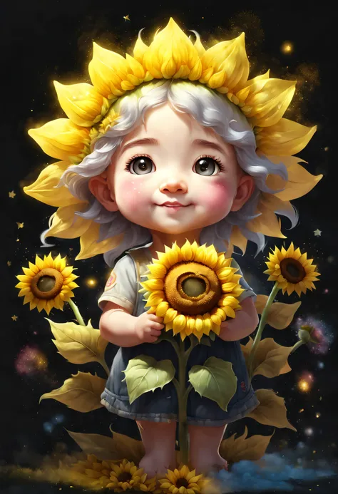 chalk gray style，(glowing magical cute sunflower，there is a cute baby face among the flowers)，8k，irridescent color，kawaii，cute b...