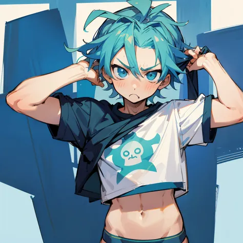 Shota neptune wearing briefs, lifting shirt annoyed and pouty expression