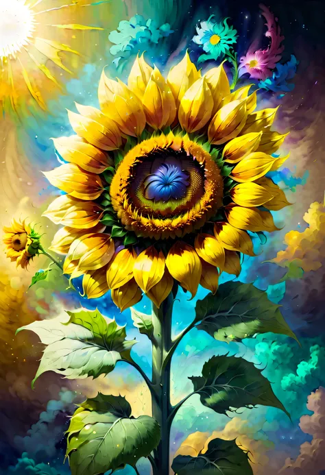 van gogh style、(a delicate sunflower flower)、realistic painting、big breasts beautiful、creative depiction、hope and courage、think ...