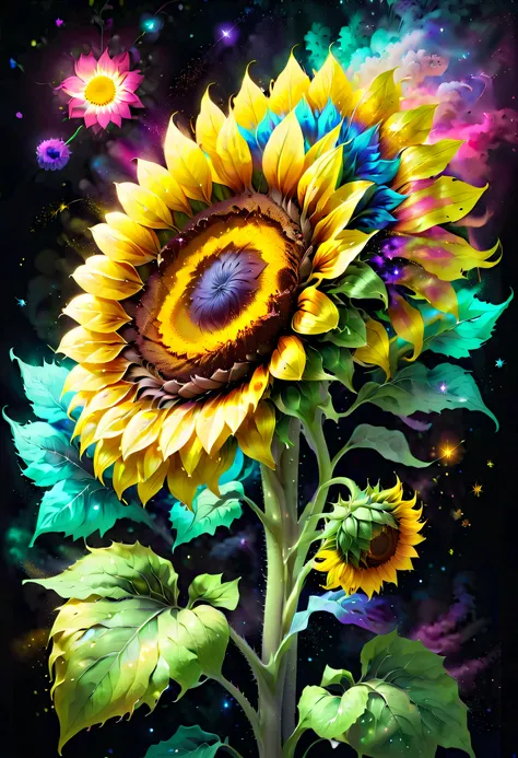 flowers and stars on background, A delicate sunflower flower,Sparkling, Giant sunflower flower heads, luminous flowers, Giant sunflower head close-up, photorealistic detailed picture, beautiful flowers, Draw flowers, glow magic, rendered illustration, pho...