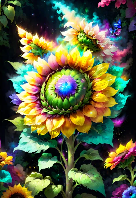 digital art details the best masterpieces, best quality at best, ((crystal clear sunflower))，colored diamonds as background，eleg...