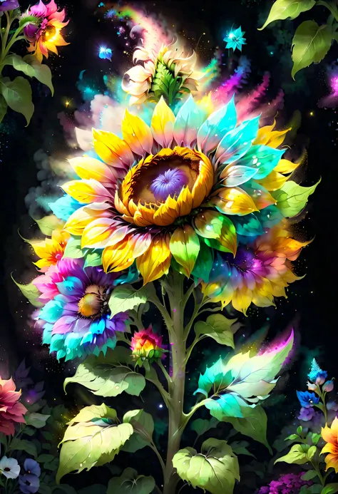 Digital art details the best masterpieces, Best quality at best, ((crystal clear sunflower)),Colored diamonds as background,elegant leaves, graceful stem, And delicate, and elegant, Flowers, sparkling petals, Flower nucleus, Surrounded by flowers, Represen...