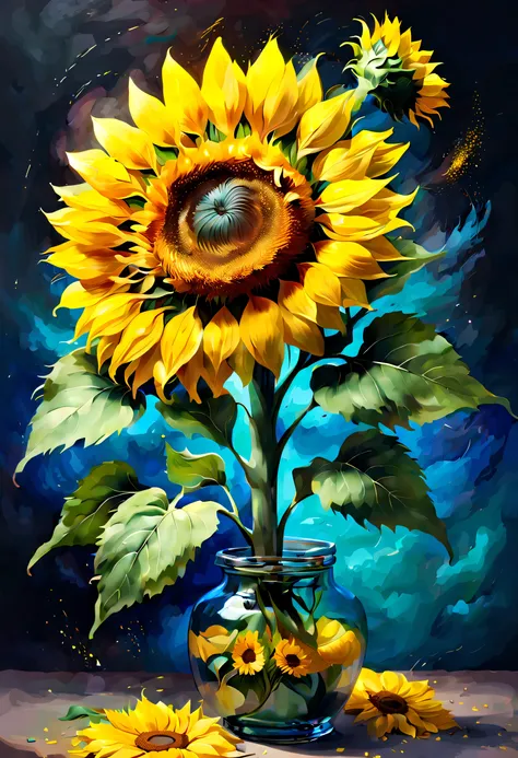 van gogh style、(a delicate sunflower flower)、realistic painting、big breasts beautiful、creative depiction、hope and courage、think ...