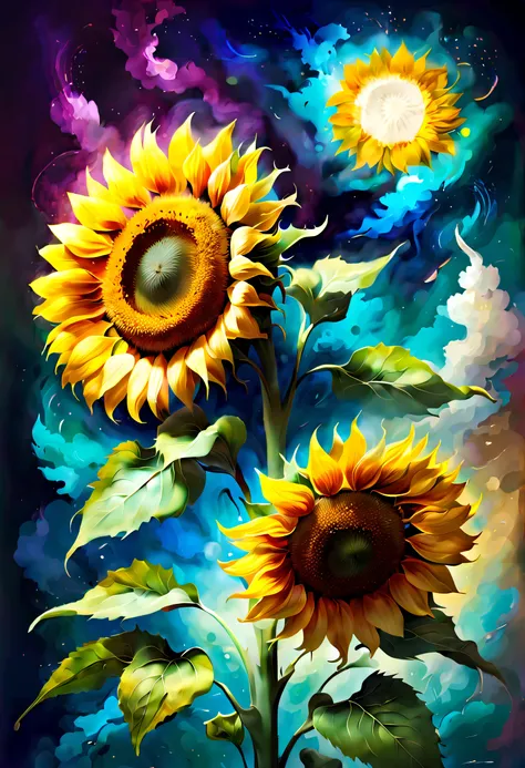 Van Gogh style、(A delicate sunflower flower)、realistic painting、big breasts beautiful、Creative depiction、Hope and courage、think and appreciate, (((NOhumans)))