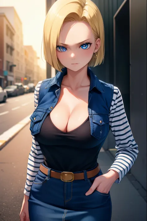 android18, android 18, blonde hair, blue eyes, eyelashes, hoop earrings, short hair, earrings,
break belt, black legwear, black ...